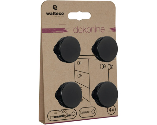 Štyri čierne okrúhle nábytkové gombíky Walteco zo série dekorline s vrúbkovaným okrajom vrátane skrutiek.