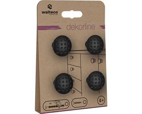 Nábytkové gombíky Walteco Dekorline, súprava 4 kusov, čierne, bodkovaná štruktúra, pre skrutky M4.