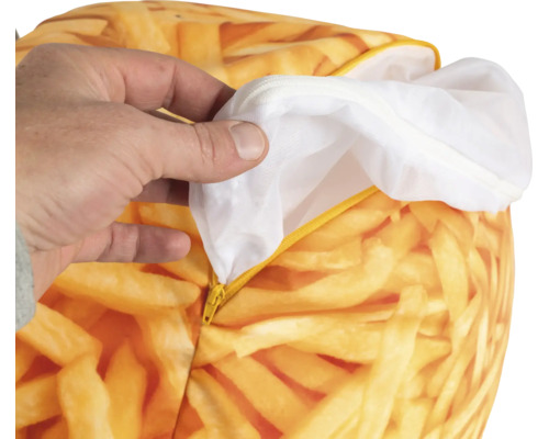 Sedací vak s potlačou hranolčekov, detailný záber na zips a biely vnútorný vak.