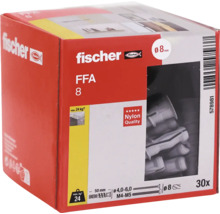 fischer Logo, nylonové hmoždinky FFA 8, priemer 8 milimetrov, dĺžka 50 milimetrov, nosnosť 24 kilogramov, 30 kusov, kvalita nylonu.