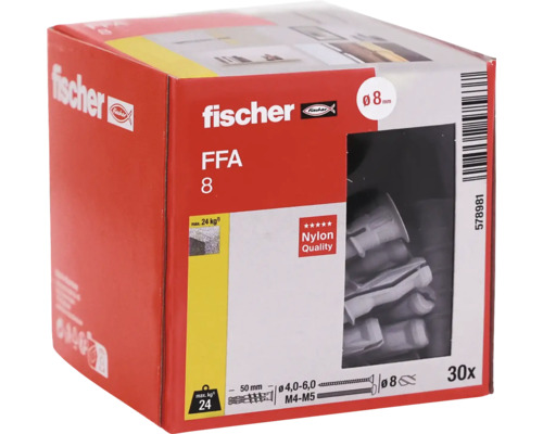 fischer Logo, nylonové hmoždinky FFA 8, priemer 8 milimetrov, dĺžka 50 milimetrov, nosnosť 24 kilogramov, 30 kusov, kvalita nylonu.