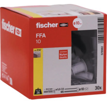 Nylonové hmoždinky Fischer FFA 10 v balení po 30 kusoch, priemer 10 milimetrov, dĺžka 62,5 milimetrov, maximálna nosnosť 26 kilogramov.