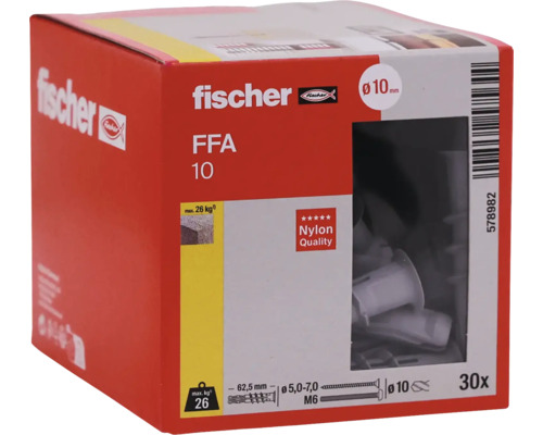 Nylonové hmoždinky Fischer FFA 10 v balení po 30 kusoch, priemer 10 milimetrov, dĺžka 62,5 milimetrov, maximálna nosnosť 26 kilogramov.