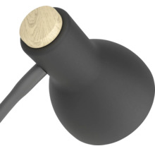 Hlava modernej stolovej lampy z matného čierneho kovu s okrúhlym dreveným detailom.