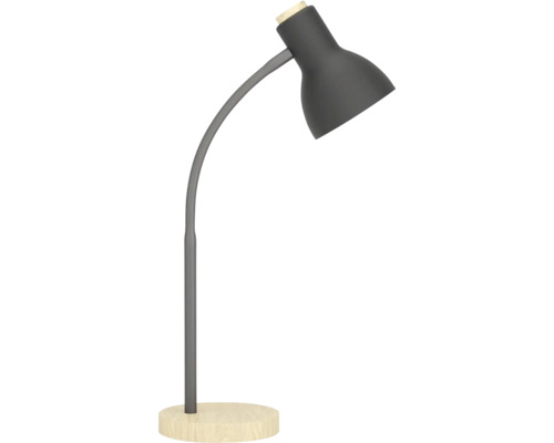 Tmavosivá stolná lampa so zahnutým kovovým ramenom, zvonovitým tienidlom a okrúhlou drevenou základňou.