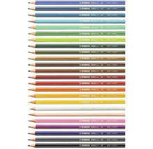 Pastelky Stabilo GREENcolors v sade s 24 kusmi, šesťhranné ceruzky z FSC certifikovaného dreva s bielymi pruhmi.