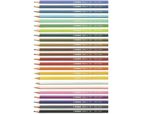 Pastelky Stabilo GREENcolors v sade s 24 kusmi, šesťhranné ceruzky z FSC certifikovaného dreva s bielymi pruhmi.