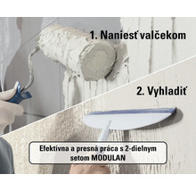 Použitie 2-dielnej sady MODULAN: najprv naniesť omietku valčekom a potom vyhladiť hladidlom.