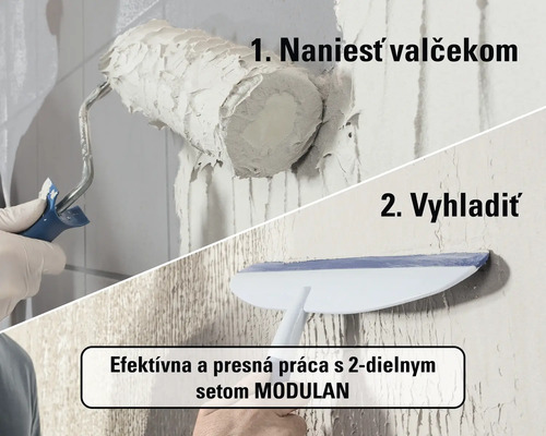 Použitie 2-dielnej sady MODULAN: najprv naniesť omietku valčekom a potom vyhladiť hladidlom.