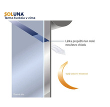 Soluna Logo. Schéma termofunkcie rolety v zime: látka prepúšťa len malé množstvo chladu, teplý vzduch v miestnosti zostáva.