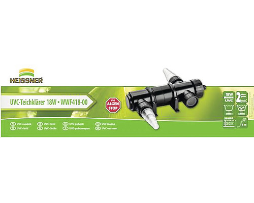 Logo Heissner. UVC čistič jazierok WWF418-00 s výkonom 18 Wattov. Stop riasam, pre jazierka do 20.000 litrov a dvojročná záruka.