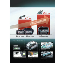 Infografika k akumultorom Makita 40 Volt Max XGT: porovnanie vkonu od 2,1 do 2,8 Kilowatt a technick detaily robustnej kontrukcie odolnej voi vode.
