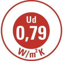 Hodnota Ud 0,79 Watt na meter štvorcový a Kelvin pre súčiniteľ prestupu tepla dverí.