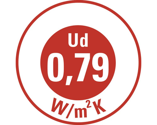 Hodnota Ud 0,79 Watt na meter štvorcový a Kelvin pre súčiniteľ prestupu tepla dverí.
