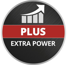 Symbol pre zvýšený výkon s textom Plus Extra Power a rastúcim stĺpcovým grafom.