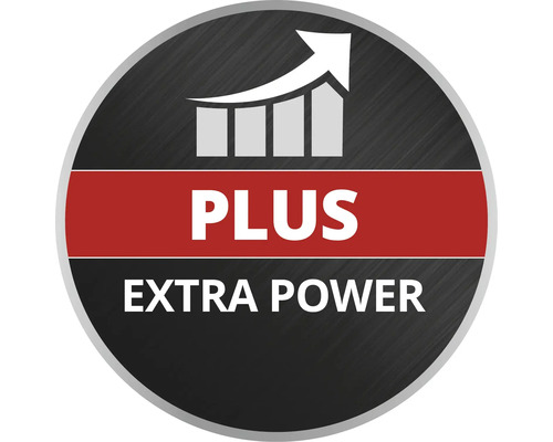 Symbol pre zvýšený výkon s textom Plus Extra Power a rastúcim stĺpcovým grafom.