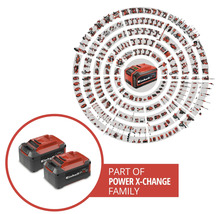 Dva akumulátory Einhell Power X-Change a výber kompatibilného náradia a záhradnej techniky zo systému Power X-Change.
