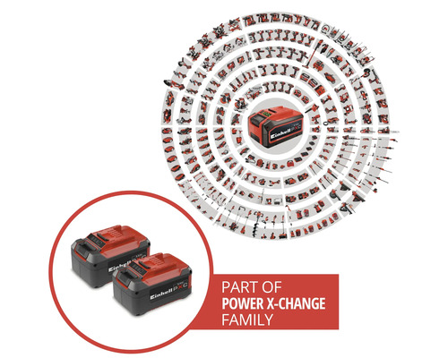 Dva akumulátory Einhell Power X-Change a výber kompatibilného náradia a záhradnej techniky zo systému Power X-Change.