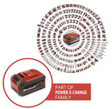 Akumulátor Einhell Power X-Change ako súčasť rozsiahleho systému s mnohými kompatibilnými nástrojmi a záhradnou technikou.