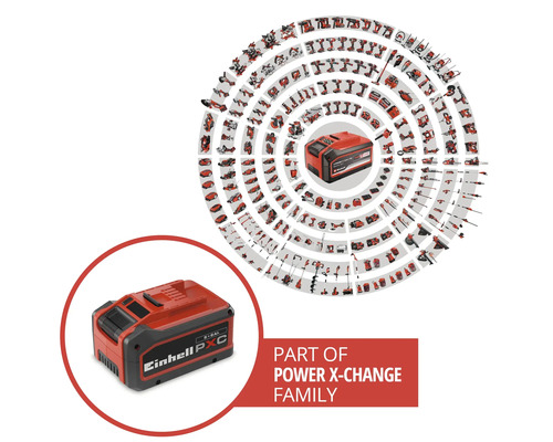 Akumulátor Einhell Power X-Change ako súčasť rozsiahleho systému s mnohými kompatibilnými nástrojmi a záhradnou technikou.
