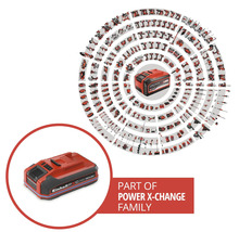 Akumulátor Einhell s nápisom Einhell Power X-Change obklopený mnohými kompatibilnými náradími a záhradnou technikou