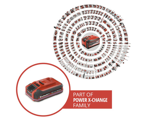 Akumulátor Einhell s nápisom Einhell Power X-Change obklopený mnohými kompatibilnými náradími a záhradnou technikou