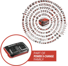 Dvojitá nabíjačka Einhell Power X-Change s prehľadom mnohých kompatibilných nástrojov akumulátorového systému.