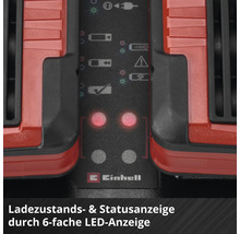 Einhell Logo a detail LED indikátora stavu nabitia a stavu zariadenia na nabíjačke akumulátorov.