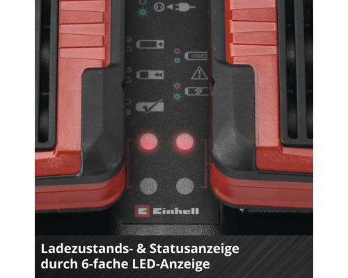 Einhell Logo a detail LED indikátora stavu nabitia a stavu zariadenia na nabíjačke akumulátorov.