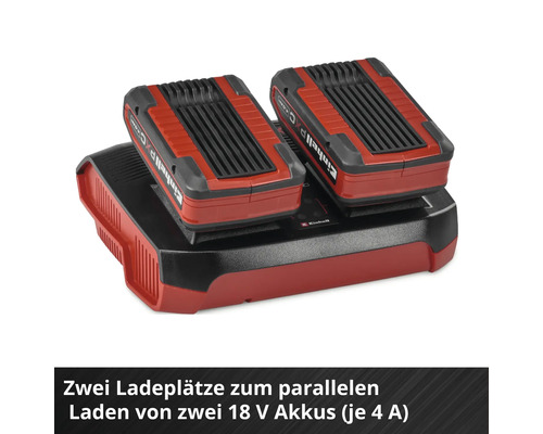 Dvojitá nabíjačka Einhell Power X-Change s dvomi vloženými 18 voltovými akumulátormi pre paralelné nabíjanie s prúdom 4 ampéry na každý.