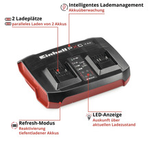 Dvojitá nabíjačka Einhell Power X-Change s dvomi nabíjacími miestami, LED indikátorom, režimom obnovy a inteligentným riadením nabíjania.