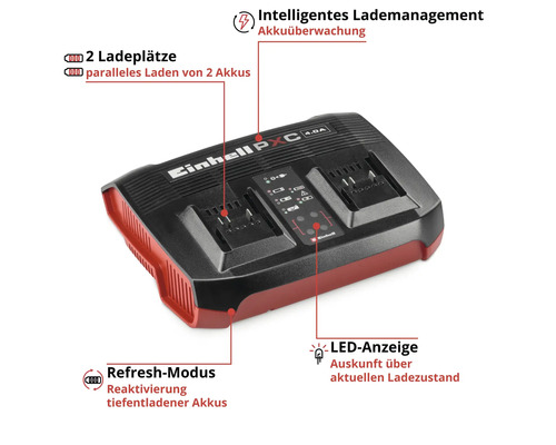 Dvojitá nabíjačka Einhell Power X-Change s dvomi nabíjacími miestami, LED indikátorom, režimom obnovy a inteligentným riadením nabíjania.