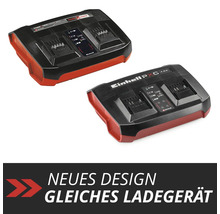 Dve nabíjačky Einhell Power X-Twincharger vedľa seba na porovnanie starého a nového dizajnu.