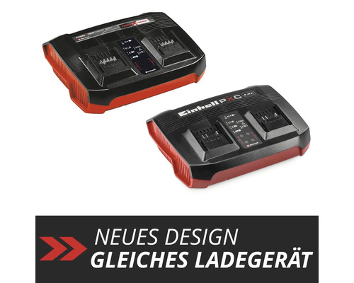 Dve nabíjačky Einhell Power X-Twincharger vedľa seba na porovnanie starého a nového dizajnu.