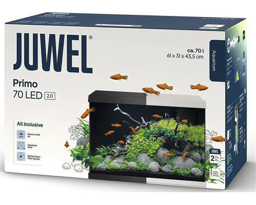 Akváriový set Juwel Primo 70 LED s objemom približne 70 litrov, rozmery 61 na 31 na 43,5 centimetra.