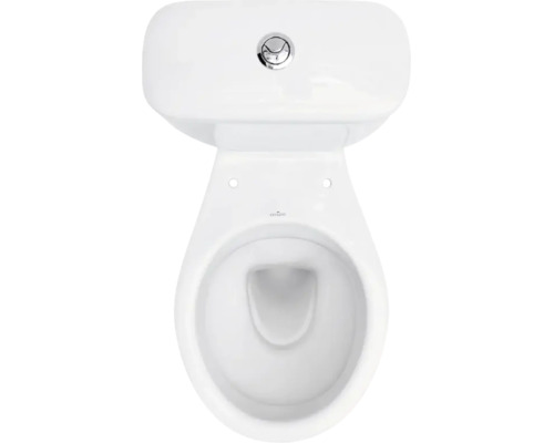 Pohľad zhora na biele stojace keramické WC s nádržkou a chrómovým splachovacím tlačidlom.