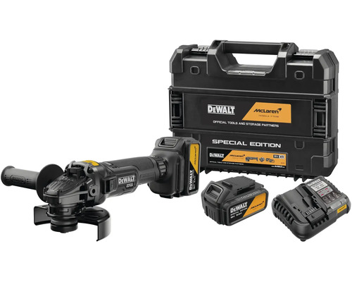 Sada akumulátorovej uhlovej brúsky DeWalt McLaren Special Edition s dvomi akumulátormi, nabíjačkou a kufrom.