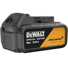 Lítium-iónový akumulátor DeWalt v špeciálnej edícii McLaren s napätím 18 Voltov a kapacitou 5 Ampérhodín.