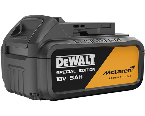 Lítium-iónový akumulátor DeWalt v špeciálnej edícii McLaren s napätím 18 Voltov a kapacitou 5 Ampérhodín.