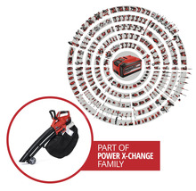 Prehľad akumulátorového systému Einhell Power X-Change s kompatibilným náradím a záhradnou technikou vrátane vysávača lístia.