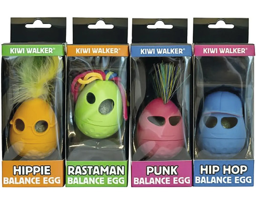 Štyri hračky pre mačky Kiwi Walker Balance Egg v rôznych vyhotoveniach s perím, vlasmi a klobúkmi v pôvodnom balení.