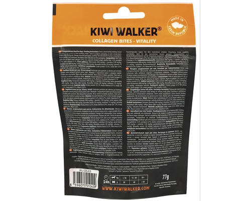 Zadná strana obalu kolagénových maškŕt pre psov Kiwi Walker so zložením, návodom na kŕmenie a čiarovým kódom.