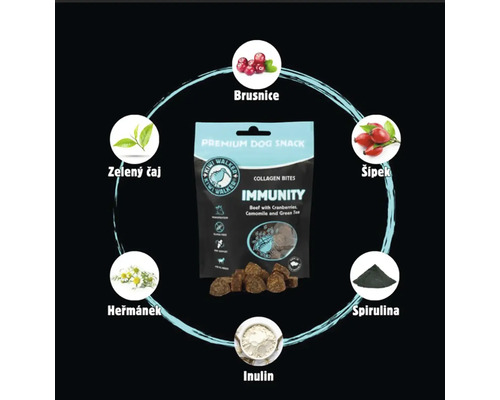 Kiwi Walker prémiová pochúťka pre psov Collagen Bites Immunity na podporu imunity s hovädzím mäsom a prírodnými zložkami.