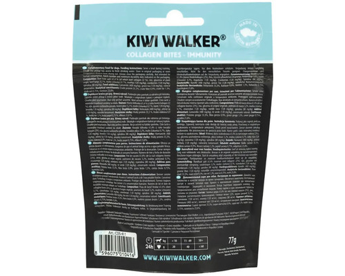 Zadná strana balenia maškŕt pre psov Kiwi Walker Collagen Bites Immunity so zložením a kŕmnym návodom.