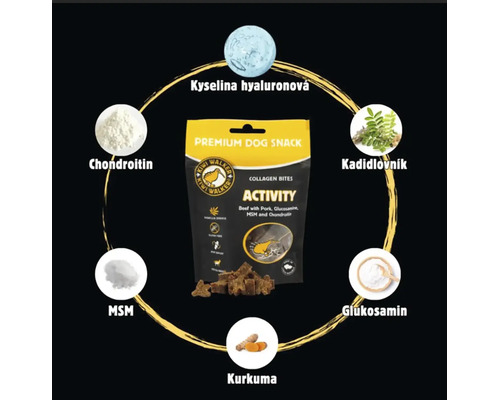 Pochúťka pre psov Kiwi Walker Collagen Bites Activity so zložkami ako kyselina hyalurónová chondroitín kadidlovník glukozamín MSM a kurkuma