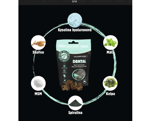 Pochúťka pre psov Kiwi Walker Dental s kolagénom, mätou, kyselinou hyalurónovou a ďalšími prírodnými ingredienciami v balení.