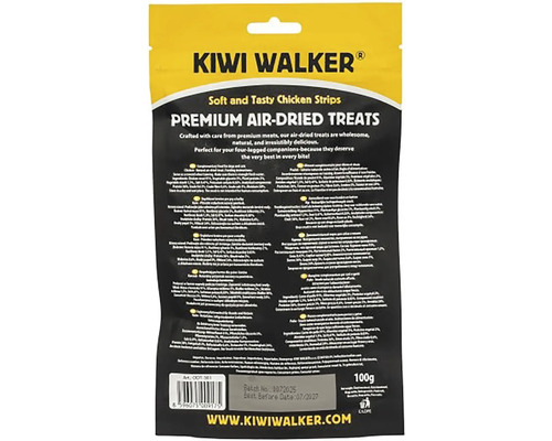 Kiwi Walker prémiové sušené maškrty pre psov kuracie prúžky 100 gramov zadná strana obalu