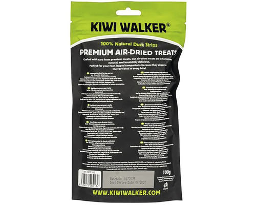 Pochúťky pre psov a mačky Kiwi Walker Premium sušené kačacie prúžky, balenie 100 gramov.