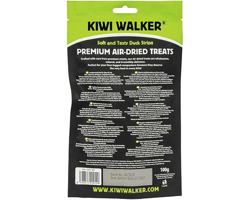 Kiwi Walker prémiové sušené kačacie prúžky maškrty pre psov a mačky, balenie 100 gramov s informáciami o produkte