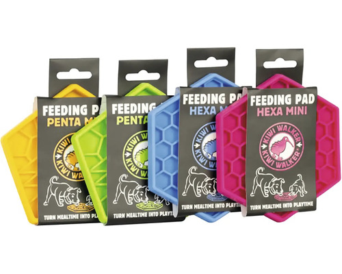 Štyri olizovacie podložky Kiwi Walker Feeding Pad v rôznych tvaroch a farbách v originálnom balení pre psov a mačky.